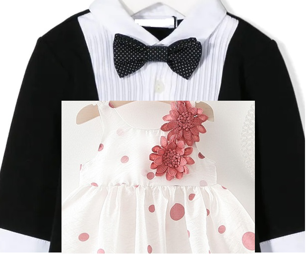 Composition photo of a boy tuxedo and a small white dress with pink flowers.