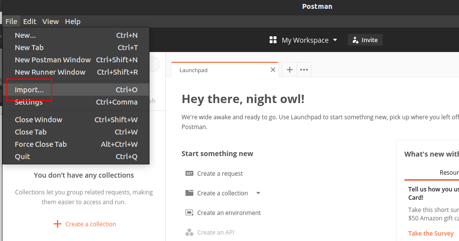 Screenshot showing the File -> Import... menu in Postman to import a Postman collection
